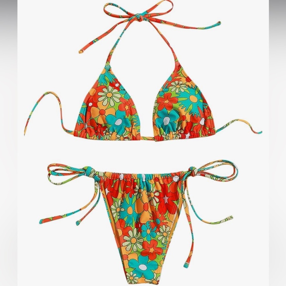 ~Women's Floral Print 2 Piece Swimsuits Bikini Set Halter Triangle Swimwear~